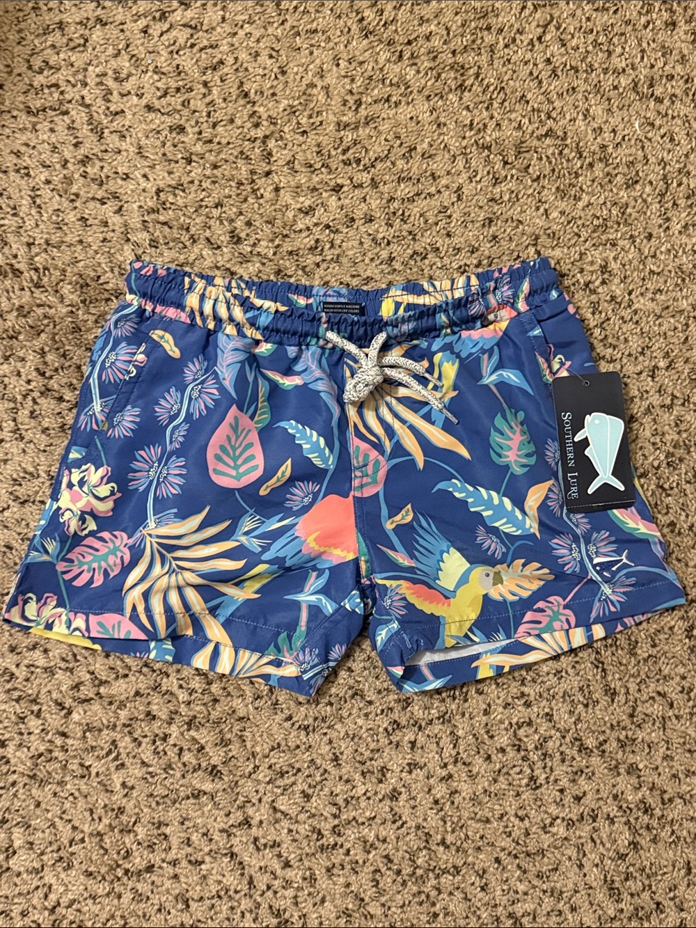 Southern Lure Boys Blue Tropical Parrot Print Drawstring Swim Trunks NWT Size 6